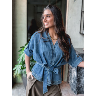 Blouse cache coeur en jeans Christina - Bleu