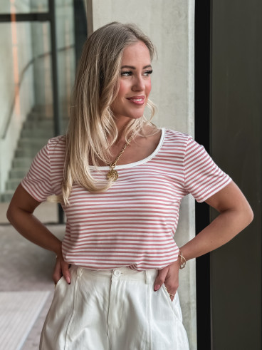 T-shirt ligné Aliana - Rose