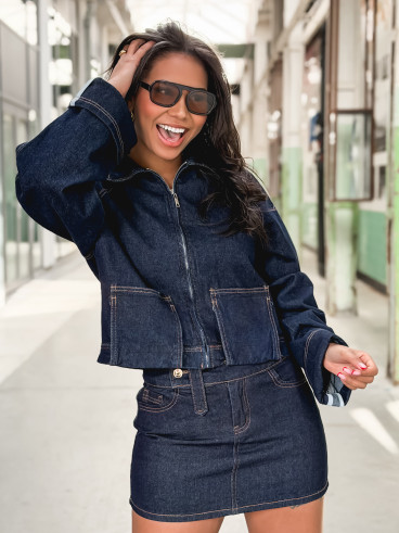 Veste courte en jeans Naomi - Bleu foncé