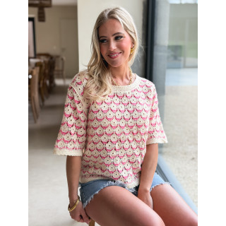 Blouse en crochet Zohana - Ecru/Rose