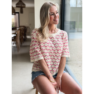 Blouse en crochet Zohana - Ecru/Rose