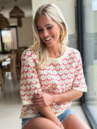 Blouse en crochet Zohana - Ecru/Rose Blouse en crochet Zohana - Ecru/Rose