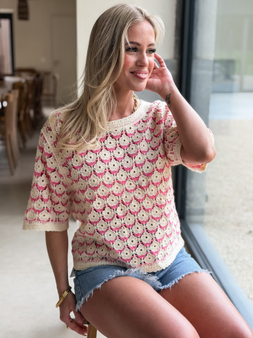 Blouse en crochet Zohana - Ecru/Rose Blouse en crochet Zohana - Ecru/Rose