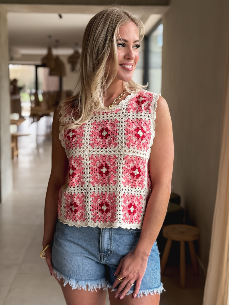 Blouse en crochet Dilara - Beige/rose