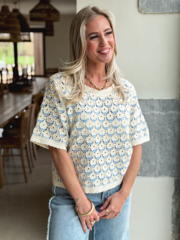 Blouse en crochet Zohana - Ecru/Bleu ciel