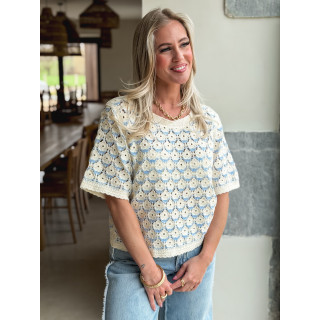 Blouse en crochet Zohana - Ecru/Bleu ciel