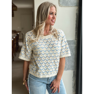Blouse en crochet Zohana - Ecru/Bleu ciel
