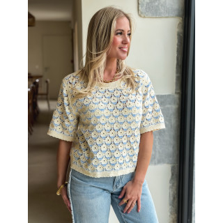 Blouse en crochet Zohana - Ecru/Bleu ciel