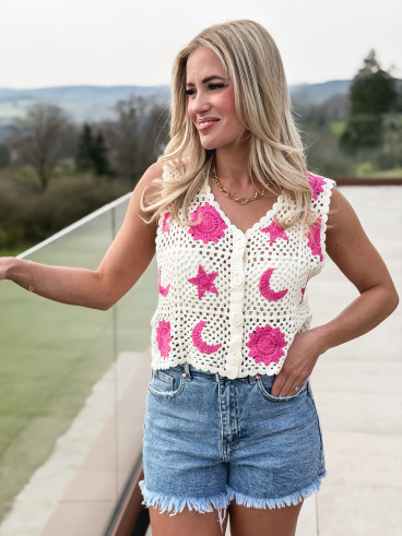 Gilet en crochet Ludvina - Ecru/Rose