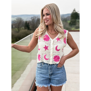 Gilet en crochet Ludvina - Ecru/Rose
