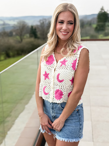 Gilet en crochet Ludvina - Ecru/Rose Gilet en crochet Ludvina - Ecru/Rose