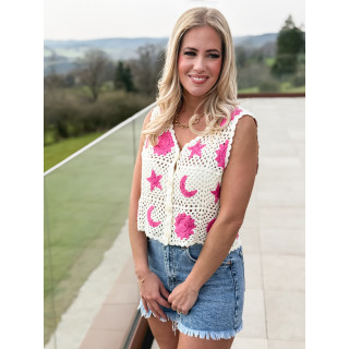 Gilet en crochet Ludvina - Ecru/Rose