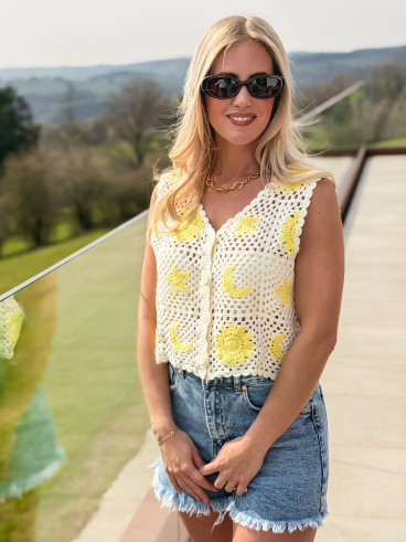 Gilet en crochet Ludvina - Ecru/Jaune Gilet en crochet Ludvina - Ecru/Jaune