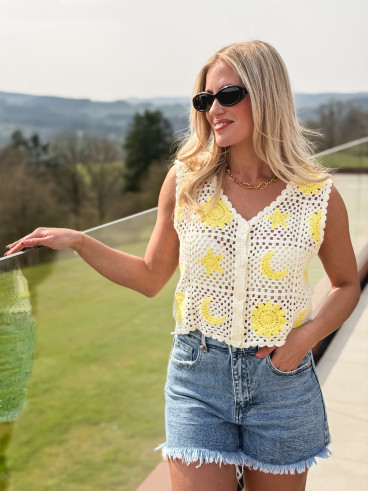 Gilet en crochet Ludvina - Ecru/Jaune Gilet en crochet Ludvina - Ecru/Jaune