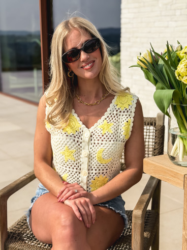 Gilet en crochet Ludvina - Ecru/Jaune Gilet en crochet Ludvina - Ecru/Jaune