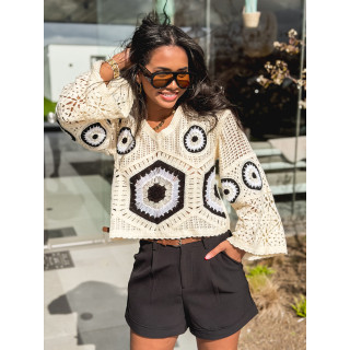 Blouse en crochet Isabella - Beige/Noir