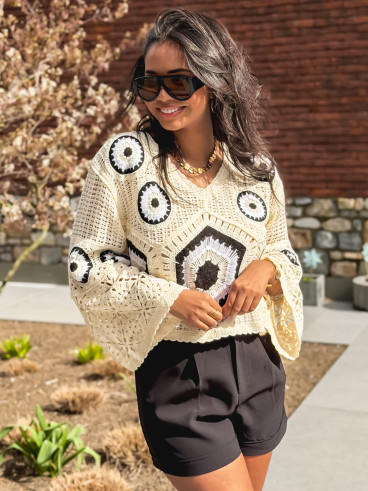 Blouse en crochet Isabella - Beige/Noir