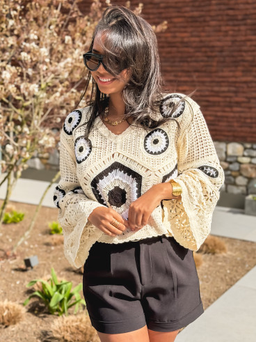 Blouse en crochet Isabella - Beige/Noir