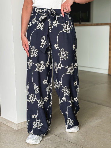 Pantalon à fleurs Mélissandre - Bleu marine