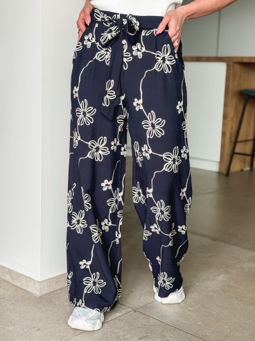 Pantalon à fleurs Mélissandre - Bleu marine