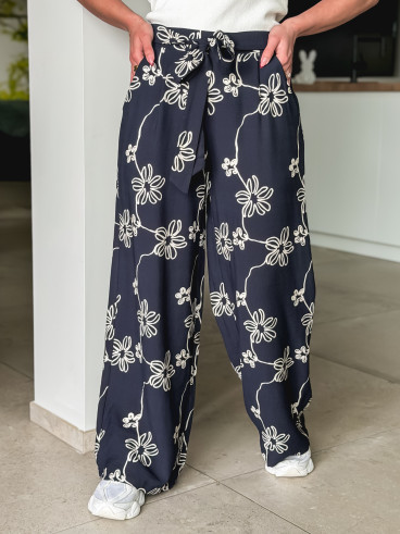 Pantalon à fleurs Mélissandre - Bleu marine