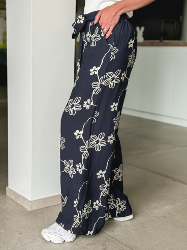 Pantalon à fleurs Mélissandre - Bleu marine