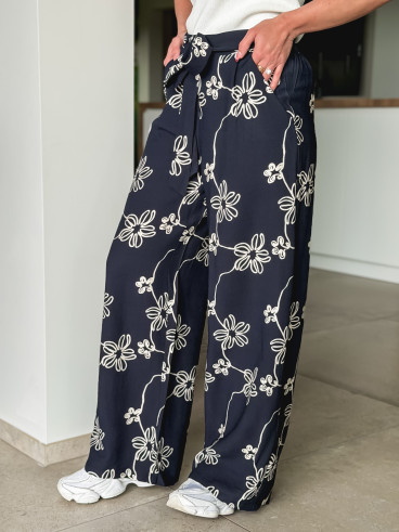 Pantalon à fleurs Mélissandre - Bleu marine