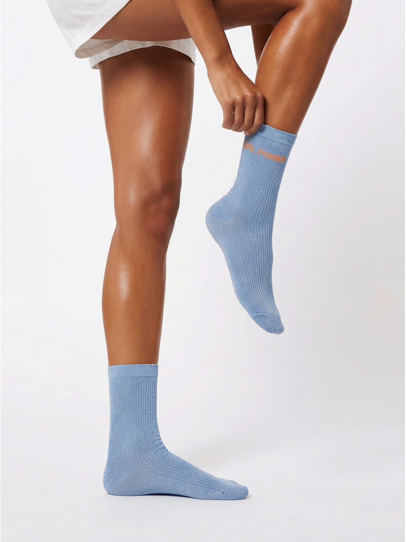 Chaussettes "GIRL POWER" - Bleu ciel/Jaune