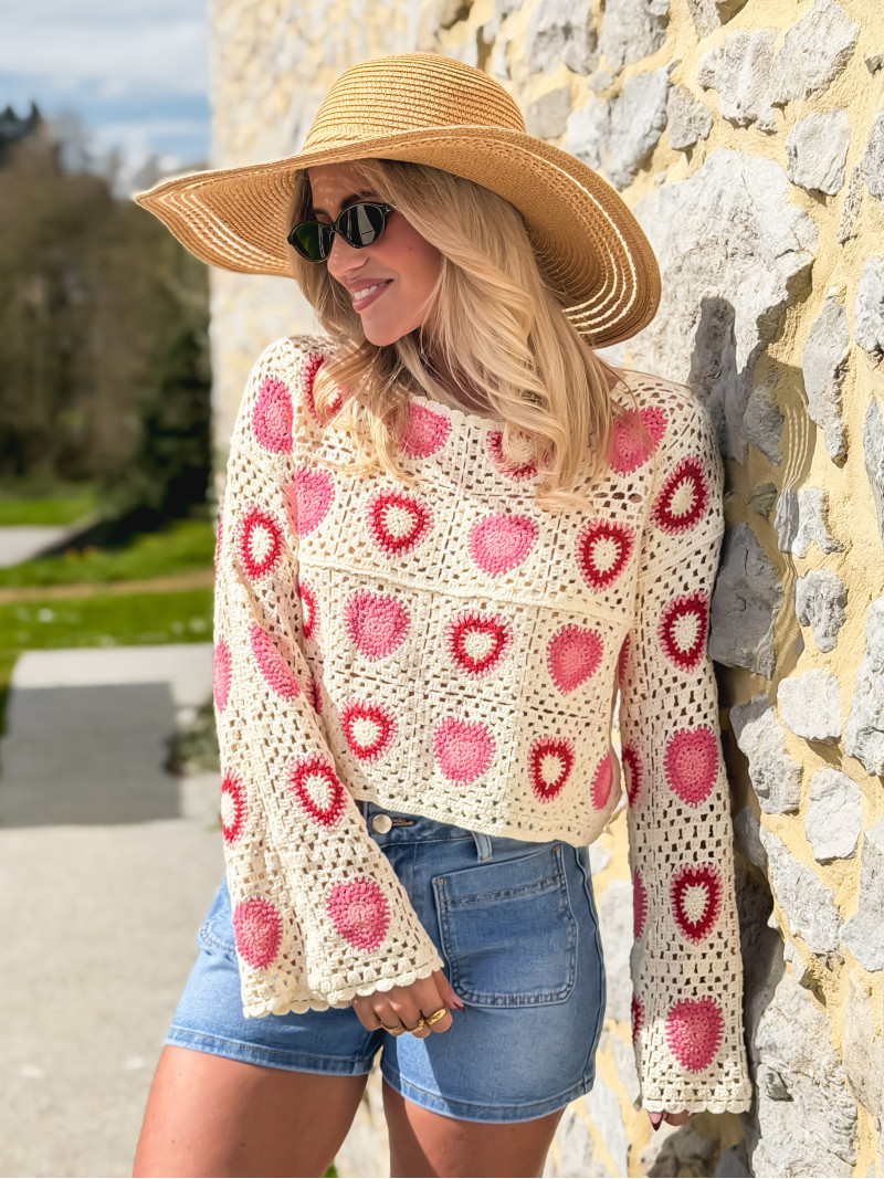 Blouse en crochet Kezya - Ecru/Rose