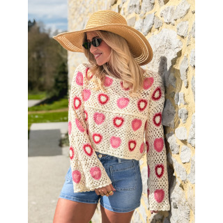 Blouse en crochet Kezya - Ecru/Rose