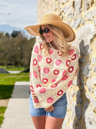 Blouse en crochet Kezya - Ecru/Rose