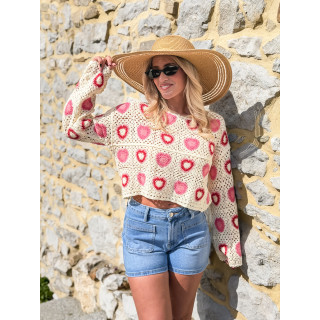 Blouse en crochet Kezya - Ecru/Rose