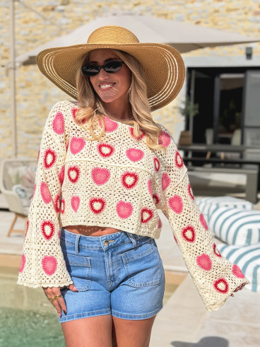 Blouse en crochet Kezya - Ecru/Rose