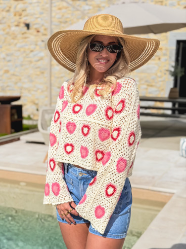 Blouse en crochet Kezya - Ecru/Rose