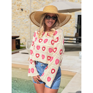 Blouse en crochet Kezya - Ecru/Rose