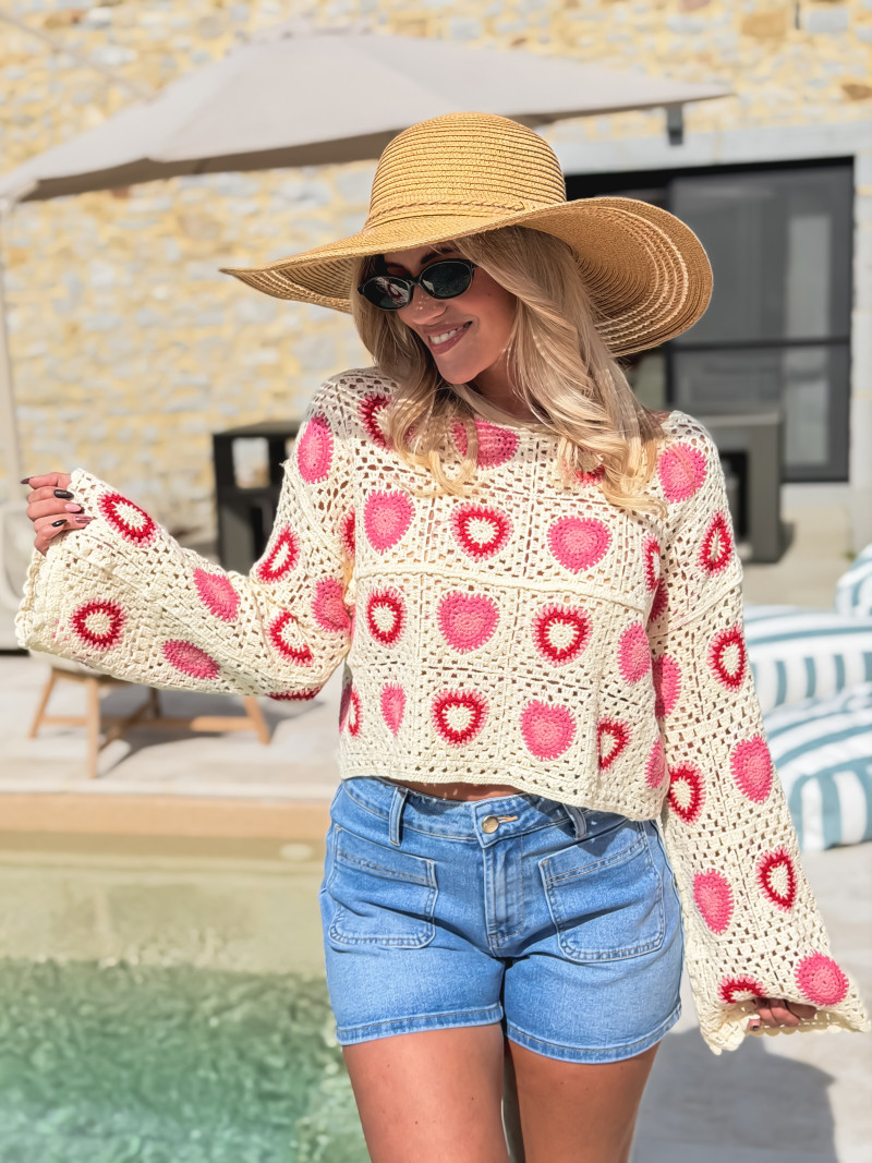 Blouse en crochet Kezya - Ecru/Rose
