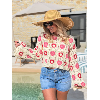 Blouse en crochet Kezya - Ecru/Rose
