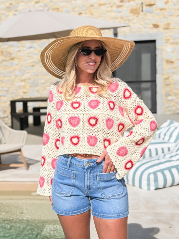 Blouse en crochet Kezya - Ecru/Rose