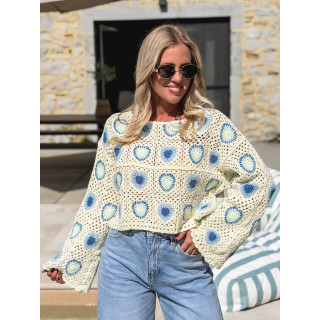 Blouse en crochet Kezya - Ecru/Bleu