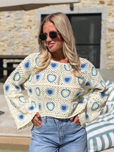 Blouse en crochet Kezya - Ecru/Bleu Blouse en crochet Kezya - Ecru/Bleu