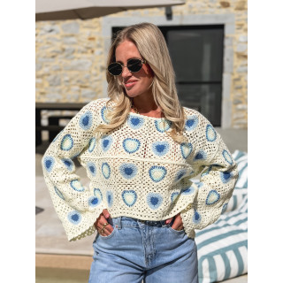 Blouse en crochet Kezya - Ecru/Bleu