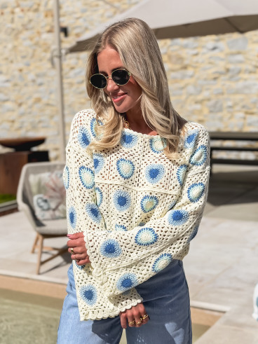 Blouse en crochet Kezya - Ecru/Bleu Blouse en crochet Kezya - Ecru/Bleu