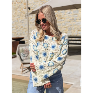 Blouse en crochet Kezya - Ecru/Bleu
