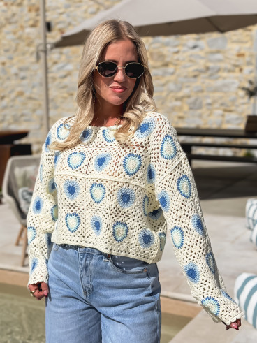 Blouse en crochet Kezya - Ecru/Bleu Blouse en crochet Kezya - Ecru/Bleu
