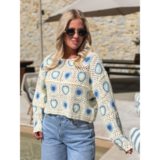 Blouse en crochet Kezya - Ecru/Bleu