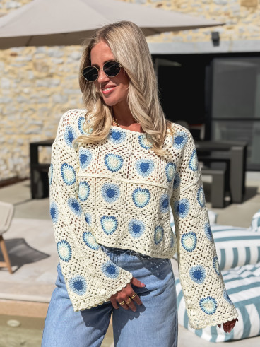 Blouse en crochet Kezya - Ecru/Bleu Blouse en crochet Kezya - Ecru/Bleu