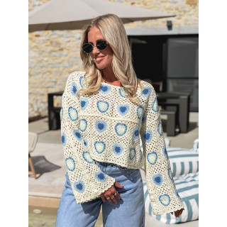Blouse en crochet Kezya - Ecru/Bleu