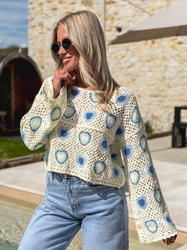 Blouse en crochet Kezya - Ecru/Bleu