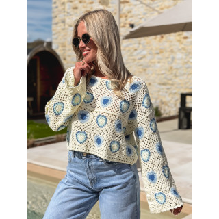 Blouse en crochet Kezya - Ecru/Bleu