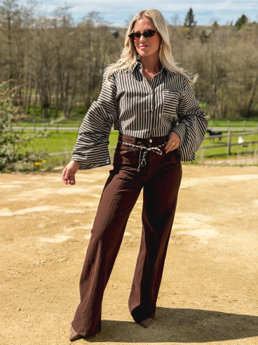 Crop chemise lignée Alina - Chocolat